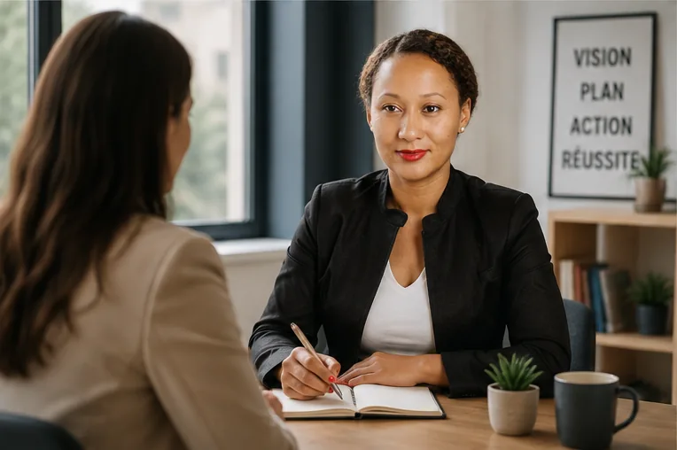 Séance d'accompagnement individuel : la consultante écoute et prend des notes face à sa cliente, avec le cadre « Vision, Plan, Action, Réussite »