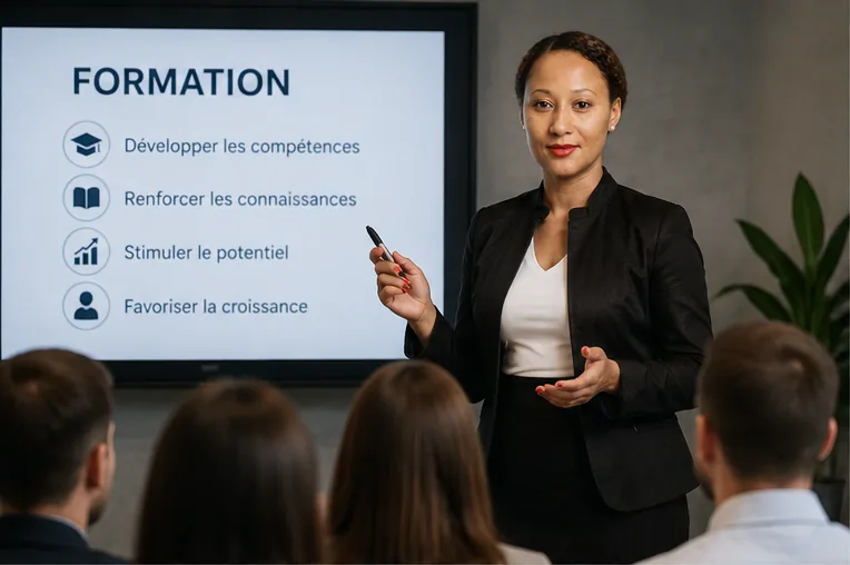 Jane animant une formation devant une équipe, avec la présentation « Développer les compétences, renforcer les connaissances, stimuler le potentiel »