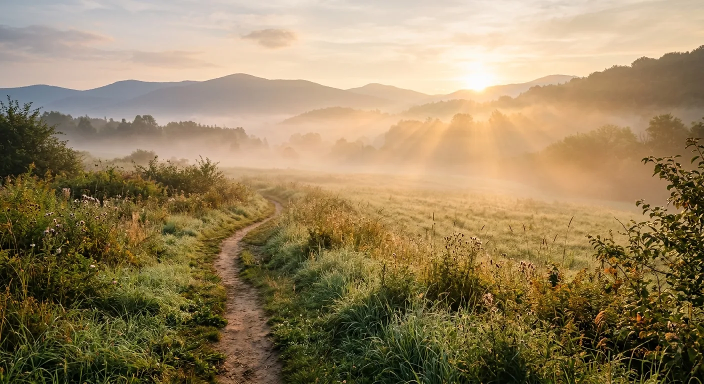 Sentier paisible dans une prairie brumeuse au lever du soleil, symbole d'un nouveau départ