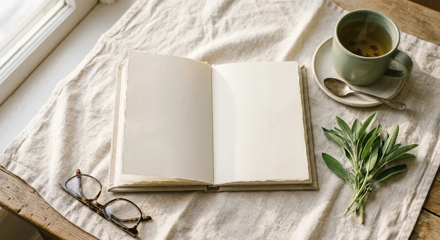 Journal de réflexion ouvert avec une tasse de tisane et des branches de sauge