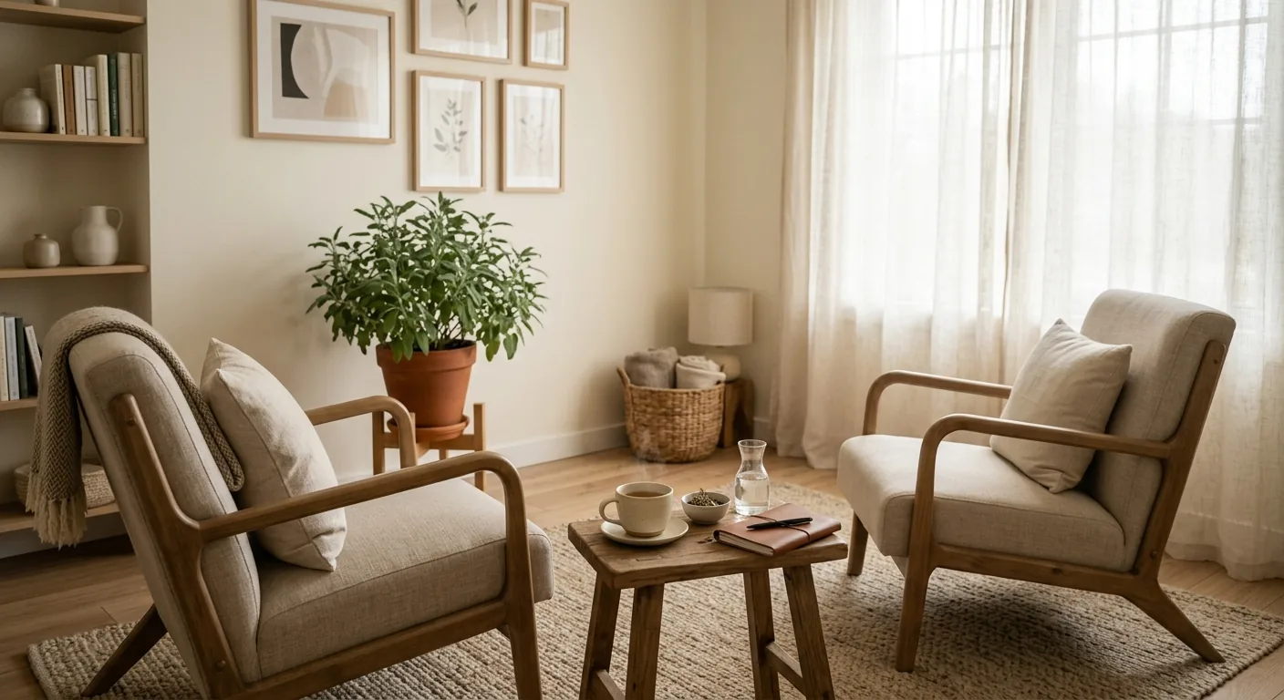 Salle de consultation chaleureuse avec deux fauteuils en lin, plantes et lumière naturelle douce