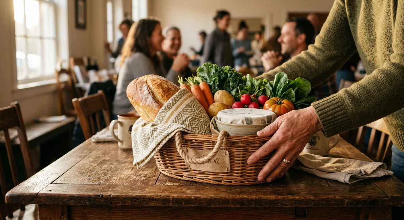 Mains déposant un panier de repas maison sur une table communautaire en bois