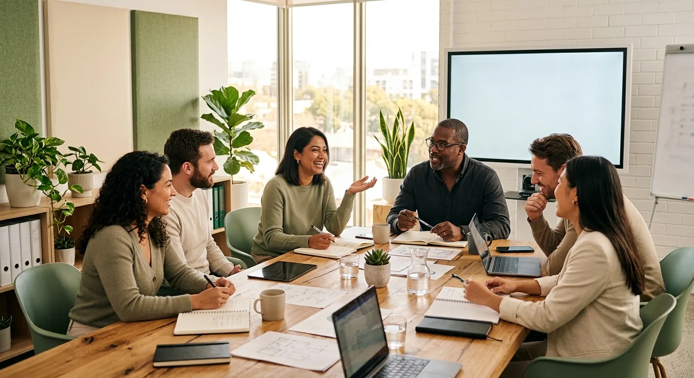 Équipe de professionnels engagés dans un atelier de formation collaboratif et lumineux