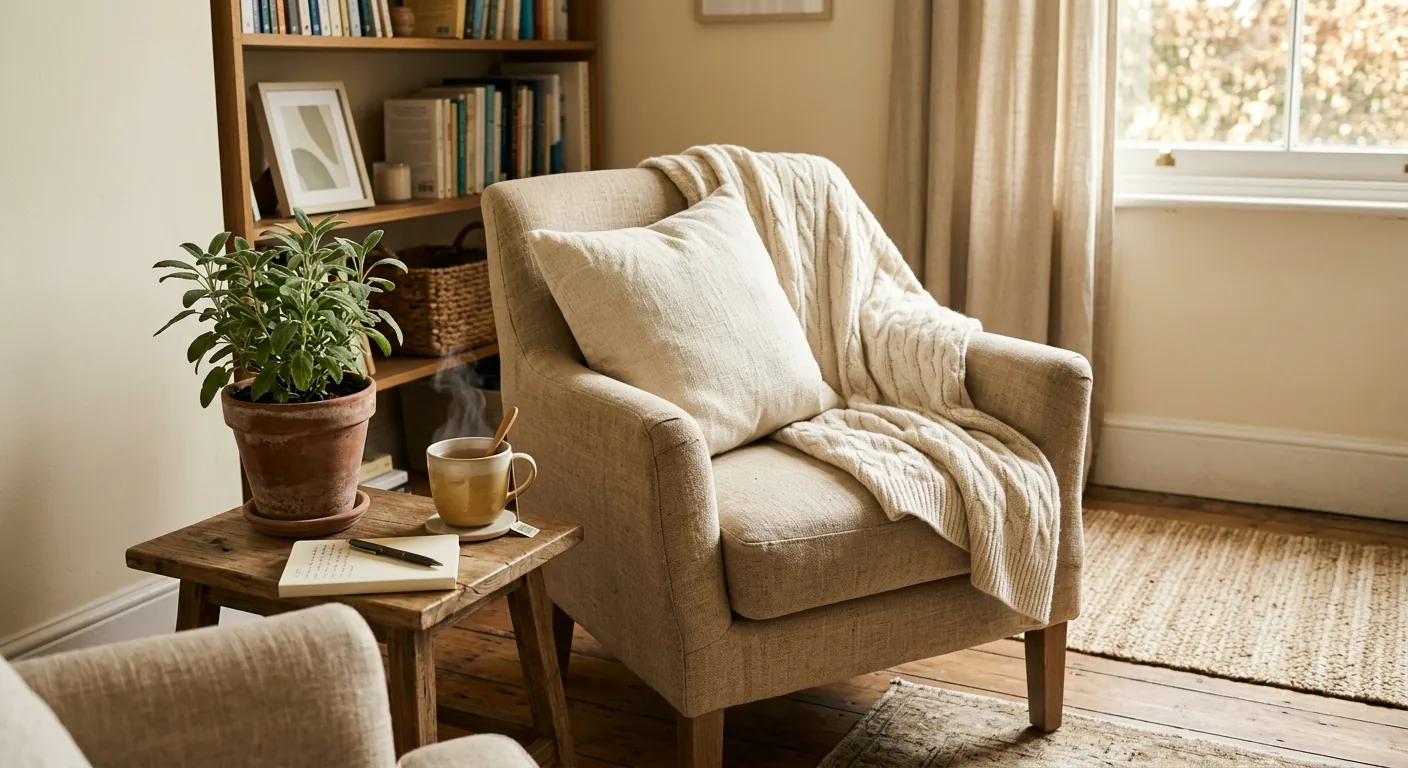 Coin chaleureux d'une salle de consultation avec fauteuil en lin, plaid crème et tisane