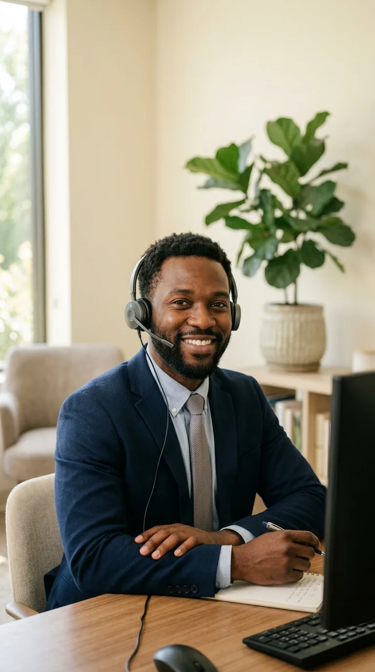 Homme noir professionnel et souriant portant un micro-casque, prêt à prendre votre appel