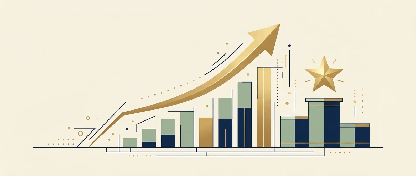 Illustration graphique d'une flèche dorée ascendante au-dessus de barres de croissance, avec une étoile de réussite